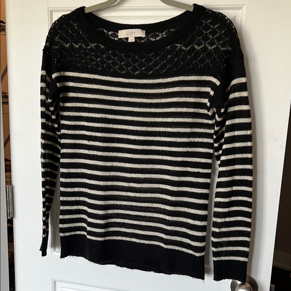 LOFT Black and Cream Crew Neck Striped Sweater